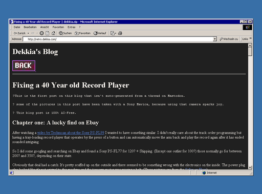 Screenshot of the post about the 40 year old record player on the retro version of my page.