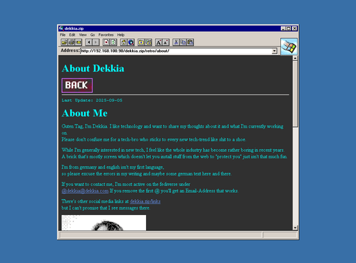 Screenshot of the about-section on the retro version of my page.