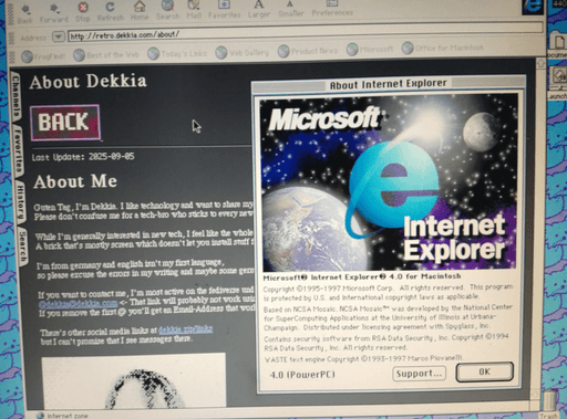Photo of the about-section on the retro version of my page with the internet-explorer 6 version info window before it.