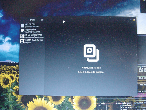 A photo from gnome disk manager showing one SSD, one Floppy Drive and two Block devices.