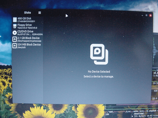 A photo from gnome disk manager with the same entries as in the previous image plus a CD Drive.