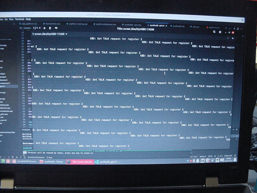 A photo of the screen on a ThinkPad with a serial terminal filled with text.