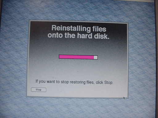 Reinstalling files onto the hard disk window with a pink progress bar below.