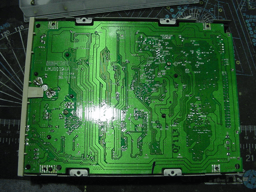 The bottom of a large PCB showing only traces and vias.