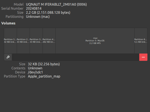 A screenshot from gnome disk manager showing the partition table of the drive.