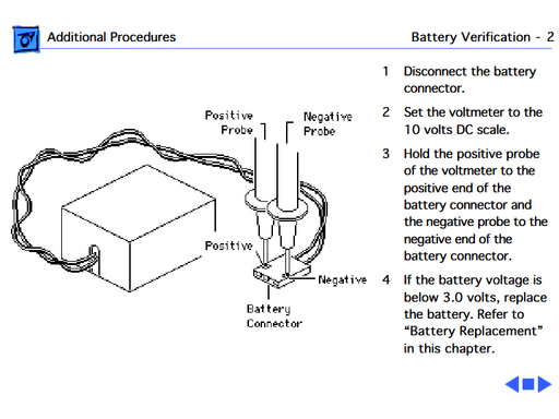 A screenshot from the official service manual showing how to measure the voltage on the battery.
