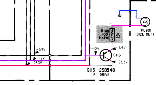 A screenshot from the service manual showing the path electricity takes trough a transistor and a fused resistor to the bulb.
